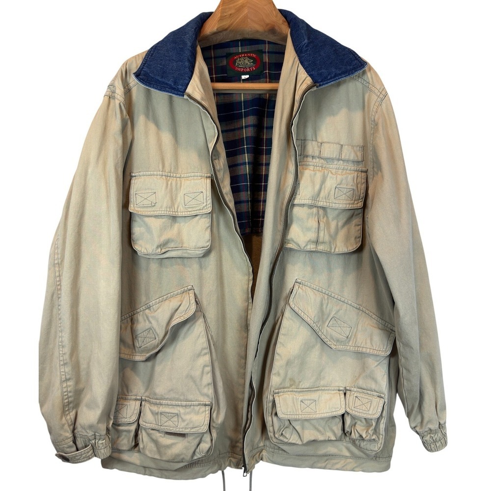 Vintage Tan Canvas Utility Jacket Denim Collar Utility Pockets Tool Straps Large
